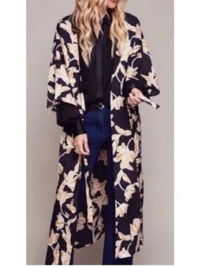 Maison Du Soir Women's L/XL Floral Kimono Duster Jacket Lightweight Open Front